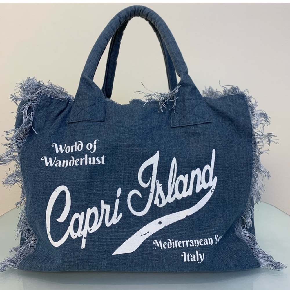 Capri Island Denim tote with silk screened graphic Italy handbag bag